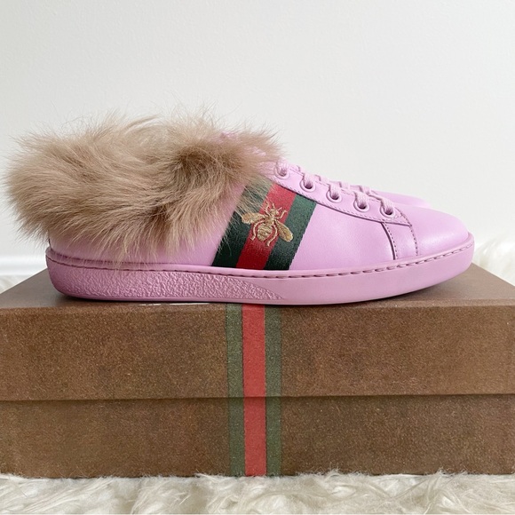 Gucci Ace Fur Lined Sneaker Pink Leather Web Bee NEW size 37 - Picture 1 of 15